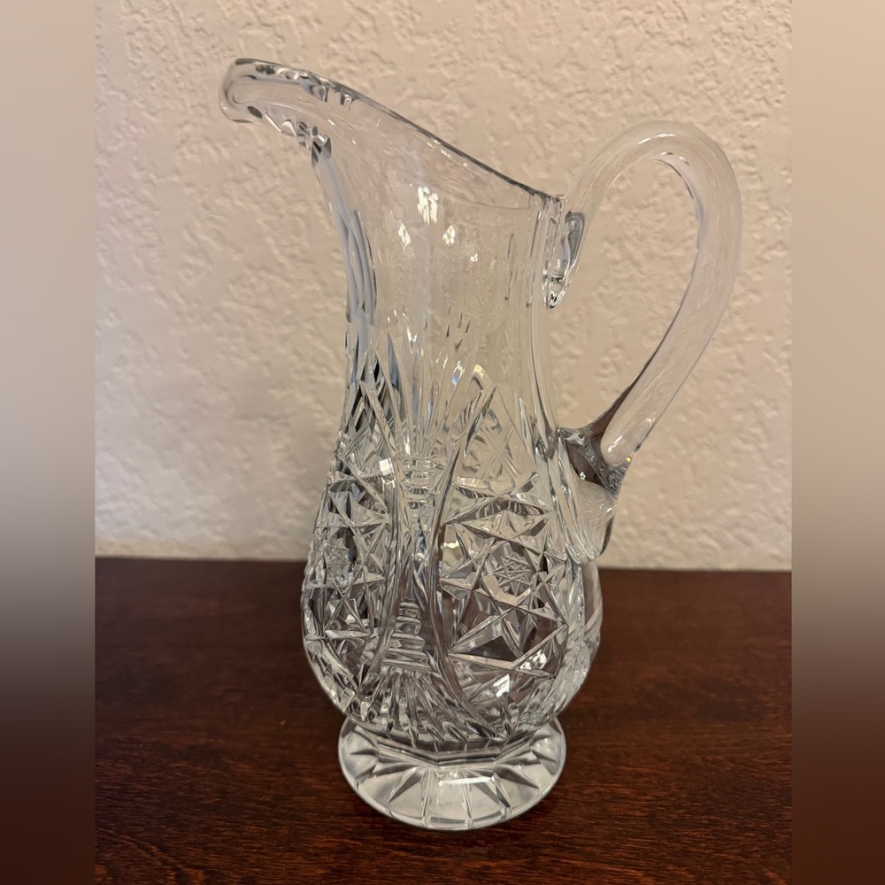 Vintage American Brilliant Cut Glass Pitcher Diamond Fan Thumb Pattern 9” Tall
